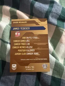 Signed James Tedesco Sydney Roosters 2025 NRL Rivalry Bronze Card - Image 2