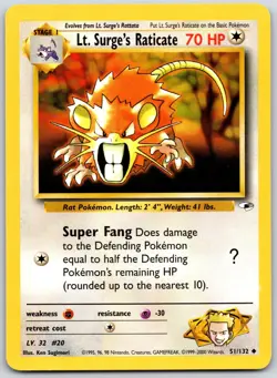 POKEMON GYM HEROES LT. SURGE'S RATICATE 51/132 UNCOMMON UNLIMITED LP - Image 1
