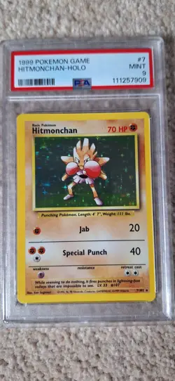 1999 POKEMON BASE SET UNLIMITED #7 HITMONCHAN-HOLO PSA 9 MINT - Image 1