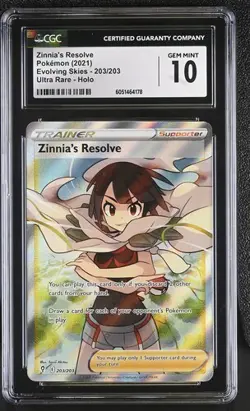 CGC 10 ZINNIA'S RESOLVE 203 EVOLVING SKIES SWORD & SHIELD TRAINER POKEMON - Image 1
