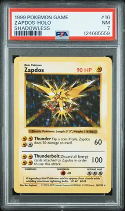 1999 POKEMON BASE SET SHADOWLESS #16 ZAPDOS-HOLO PSA 7 - Image 1