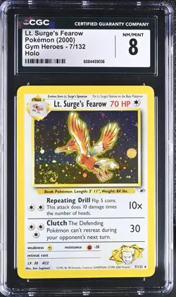 CGC 8 NM/MINT Lt. Surge's Fearow 2000 Gym Heroes 7/132 Holo Pokemon Card SWIRL🌀 - Image 1