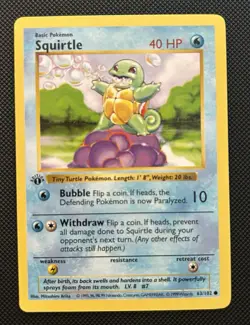 Pokemon TCG Squirtle Card 63/102 Base Set 1st Edition Shadowless 1999 - Image 1