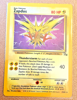 Pokemon Cards Zapdos 15/62 Unlimited Holo Fossil Holo Rare - Image 1