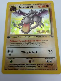 1st Edition Aerodactyl 1/62 PRERELEASE Gold Stamp Fossil Holo 1999 Pokemon Card - Image 1