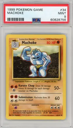 1999 Pokemon Game Base Set Unlimited Machoke #34 PSA 9 Partial Set Break - Image 1