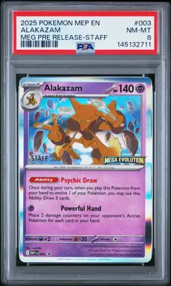 2025 POKEMON MEP PROMO MEGA EVOLUTION PRERELEASE-STAFF #003 ALAKAZAM PSA 8 - Image 1