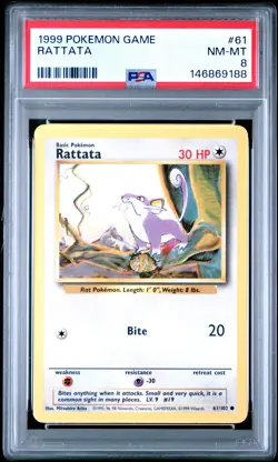 1999 POKEMON BASE SET UNLIMITED #61 RATTATA PSA 8 - Image 1