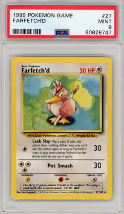 1999 Pokemon Game Base Set Unlimited Farfetch'D #27 PSA 9 Partial Set Break - Image 1