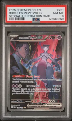 2025 POKEMON DRI SPECIAL ILLUSTRATION RARE #231 TEAM ROCKET'S MEWTWO EX PSA 8 - Image 1