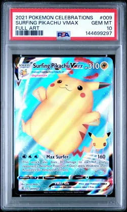 2021 Pokemon Celebrations Surfing Pikachu Vmax Full Art #009 PSA 10 Gem Mint - Image 1