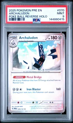 2025 POKEMON PRISMATIC EVOLUTIONS POKE BALL REVERSE HOLO #070 ARCHALUDON PSA 9 - Image 1