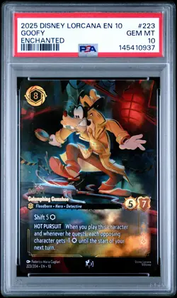 2025 DISNEY LORCANA EN 10-ENCHANTED #223 GOOFY - GALUMPHING GUMSHOE PSA 10 - Image 1