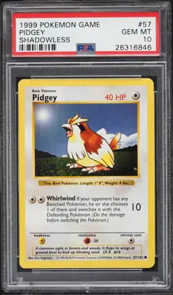 PSA 10 Pidgey Shadowless Base Set Pokemon Card #57 Gem Mint - Image 1