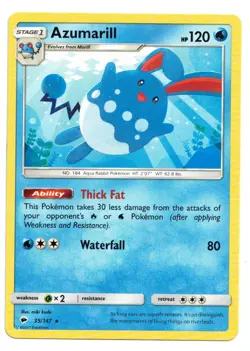 Pokemon Card: Azumarill 35/147 S&M Sun & Moon Burning Shadows Set Rare! NM - Image 1