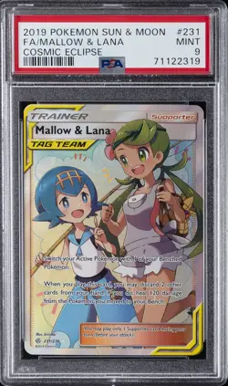 2019 POKEMON SUN & MOON COSMIC ECLIPSE #231 FULL ART/MALLOW & LANA PSA 9 - Image 1