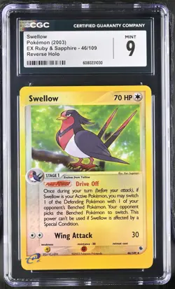 CGC 9 MINT Swellow 2003 EX Ruby & Sapphire 46/109 Reverse Holo Pokemon Card - Image 1