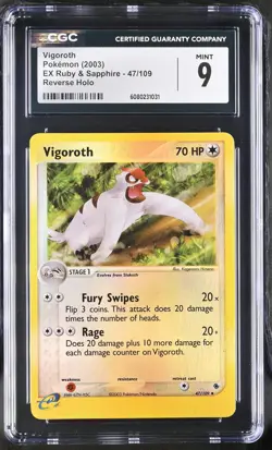 CGC 9 MINT Vigoroth 2003 EX Ruby & Sapphire 47/109 Reverse Holo Pokemon Card - Image 1