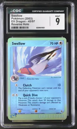 CGC 9 MINT Swellow 2003 EX Dragon 45/97 Reverse Holo Pokemon Card - Image 1