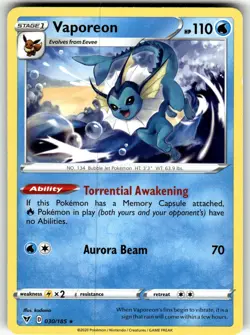 Vaporeon 030/185 SWSH04: Vivid Voltage LP Pokemon Card TCG - Image 1