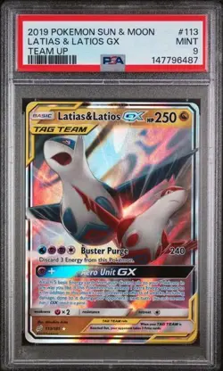 2019 POKEMON SUN & MOON TEAM UP #113 LATIAS & LATIOS GX PSA 9 - Image 1
