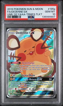 2019 POKEMON SUN & MOON UNBROKEN BONDS #195A FULL ART/DEDENNE GX PSA 10 - Image 1
