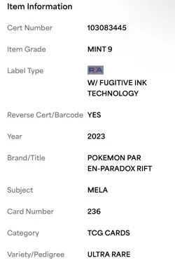 2023 POKEMON PAR EN-PARADOX RIFT ULTRA RARE UR #236 MELA PSA 9 MINT 236/182 Slab - Image 3