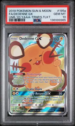 2019 POKEMON SUN & MOON UNBROKEN BONDS #195A FULL ART/DEDENNE GX PSA 10 - Image 1