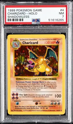 1999 POKEMON BASE SET SHADOWLESS #4 CHARIZARD-HOLO PSA 7 - Image 1