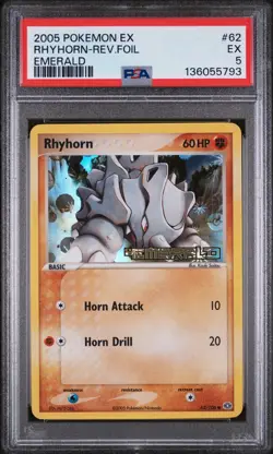 2005 POKEMON EX EMERALD #62 RHYHORN-REVERSE FOIL PSA 5 - Image 1