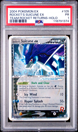 PSA 1 2004 Pokemon EX Team Rocket Returns Rocket's Suicune EX Holo Foil 105/109 - Image 1