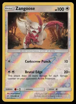 Zangoose 173/236 Uncommon Cosmic Eclipse Pokemon Reverse Holo Lightly Played - Image 1
