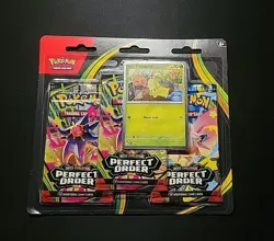Pokemon Mega Evolution Perfect Order 3-Pack Blister Chikorita Promo Card New - Image 2