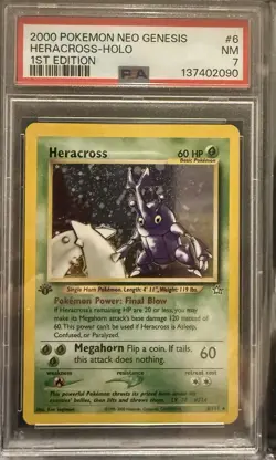 2000 Pokemon Neo Genesis 1st Edition Heracross #6 Holo Rare PSA 7 NM - Image 1