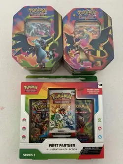 Pokemon TCG Mega Charizard ex Tin (Set of 2 Tins) and first partner Sealed - Image 1