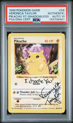 1999 POKEMON BASE YELLOW CHEEKS SHADOWLESS VERONICA TAYLOR SIGNED PIKACHU PSA 10 - Image 1