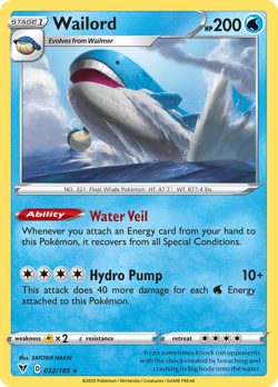Pokemon Wailord 032/185 Vivid Voltage Holo Rare NM - Image 1