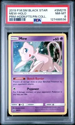 2019 Pokemon Mew SM215 Black Star Promos Hidden Fates Pin Coll. Holo PSA 8 - Image 1
