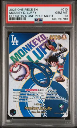 PSA 10 Monkey D Luffy EB02-010 L Dodgers One Piece Night Promo Card English 2025 - Image 1
