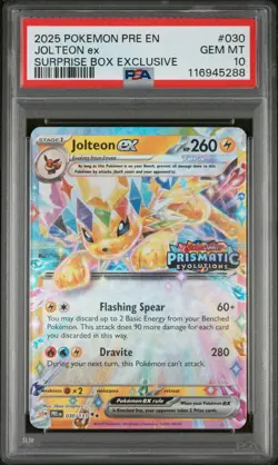 2025 Pokemon Prismatic Evolutions Jolteon EX Surprise Box PSA 10 #030 - Image 1