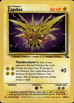 Pokemon TCG Card WOTC Vintage Wizards Zapdos (30) 30/62 Fossil 30/62 - Image 1