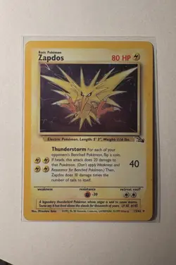 Pokemon Zapdos Fossil Holo Rare 15/62 Unlimited 80 HP English Card 1999 - Image 1