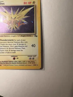 Pokemon Zapdos Fossil Holo Rare 15/62 Unlimited 80 HP English Card 1999 - Image 4