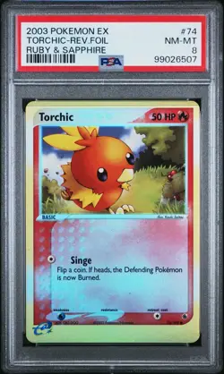 POKEMON EX TORCHIC REVERSE HOLO RUBY & SAPPHIRE #74 ERROR PRINT LINE PSA NM-MT 8 - Image 1
