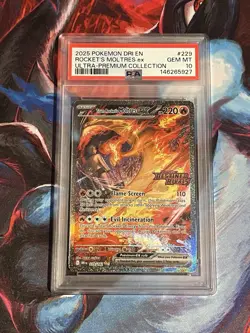 2025 Team Rocket's Moltres Destined Rivals Stamp 229/182 PSA 10 UPC Promo - Image 1