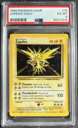 1999 Pokemon TCG Base Set Zapdos Holo 16/102 PSA 6 - Image 1