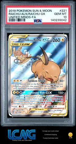 2019 Pokemon Unified Minds #221 Raichu & Alolan Raichu GX PSA 10 - Image 1