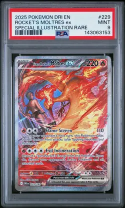 PSA 9 Rocket’s Moltres ex #229 SIR Destined Rivals Pokemon Full Art - Image 1