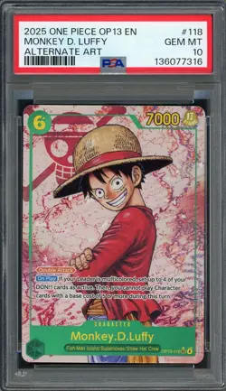 PSA 10 Monkey D. Luffy (Alt Art) Carrying On His Will OP13-118 EN One Piece B5 - Image 1