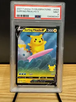 2021 Pokemon Celebrations Surfing Pikachu V Ultra Rare Holo #008/025 PSA 9 - Image 1